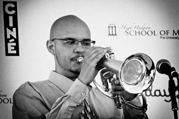 The founder playing flugelhorn, black and white